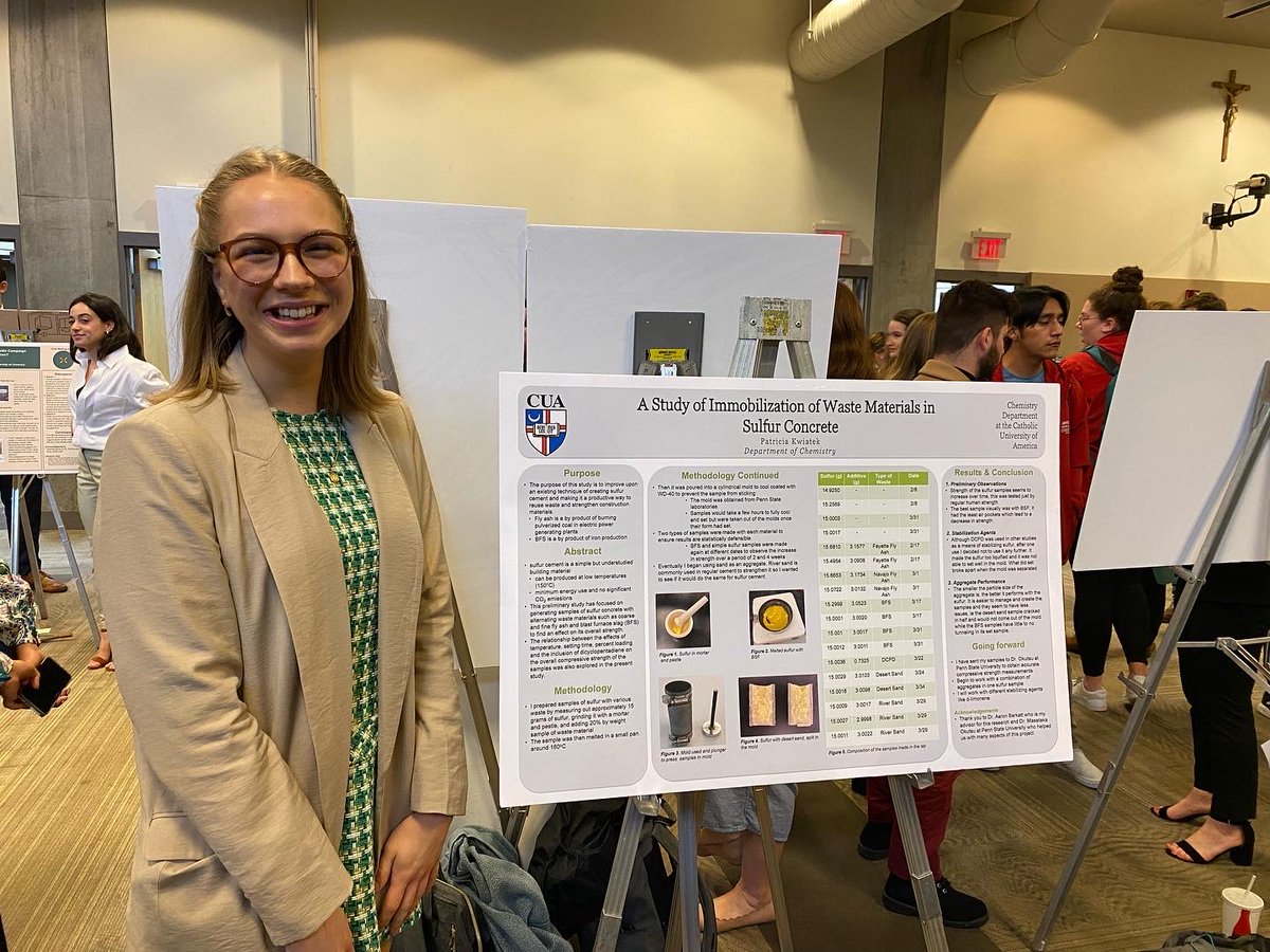 CatholicU_Chem's tweet photo. Patricia Kwiatek ('23) presenting her poster on Immobilization of Plastic Waste in Sulfur Concrete. She is researching ways to improve sulfur cement using wastes products, such as blast furnace slag. Sustainability @CatholicU_Chem! #CUatResearchDay 
@CUArtSci https://t.co/Senw7i5oVB