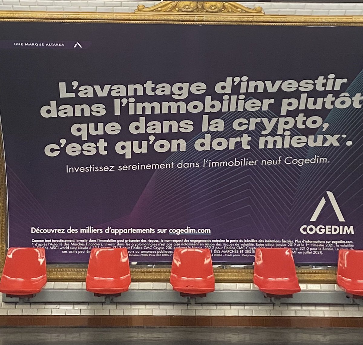 LouvetNicolas's tweet photo. Après les lardons vegan, c’est à ⁦⁦@Altarea_Cogedim⁩ de parler de #crypto dans le métro. Pour avoir acheté de l’immo neuf, je ne serai pas aussi catégorique: prix d’achat surévalué (+20% vs le prix de marché), retard de livraison, pb qualité. L’immo neuf c’est stressant https://t.co/GlKDBGSy84