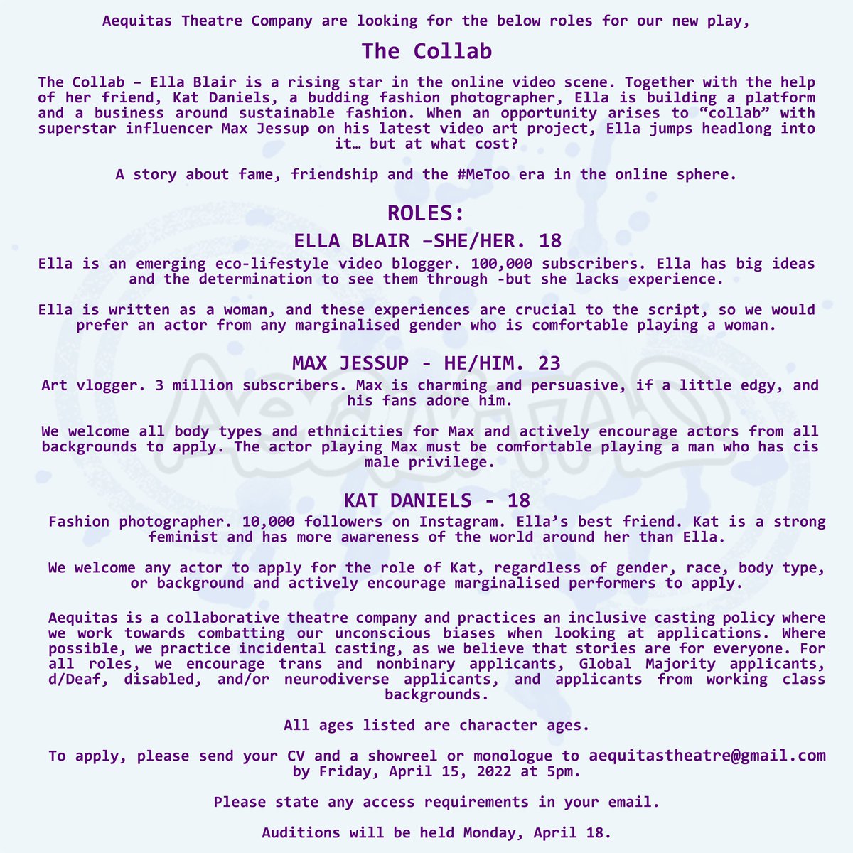 AequitasTheatre's tweet photo. Casting for our show @SpaceArtsCentre! PAID at the National Minimum Wage as per the Equity Fringe agreement. Image descriptions on our Facebook and Instagram posts. Please spread the word! https://t.co/QdCOsonCHk