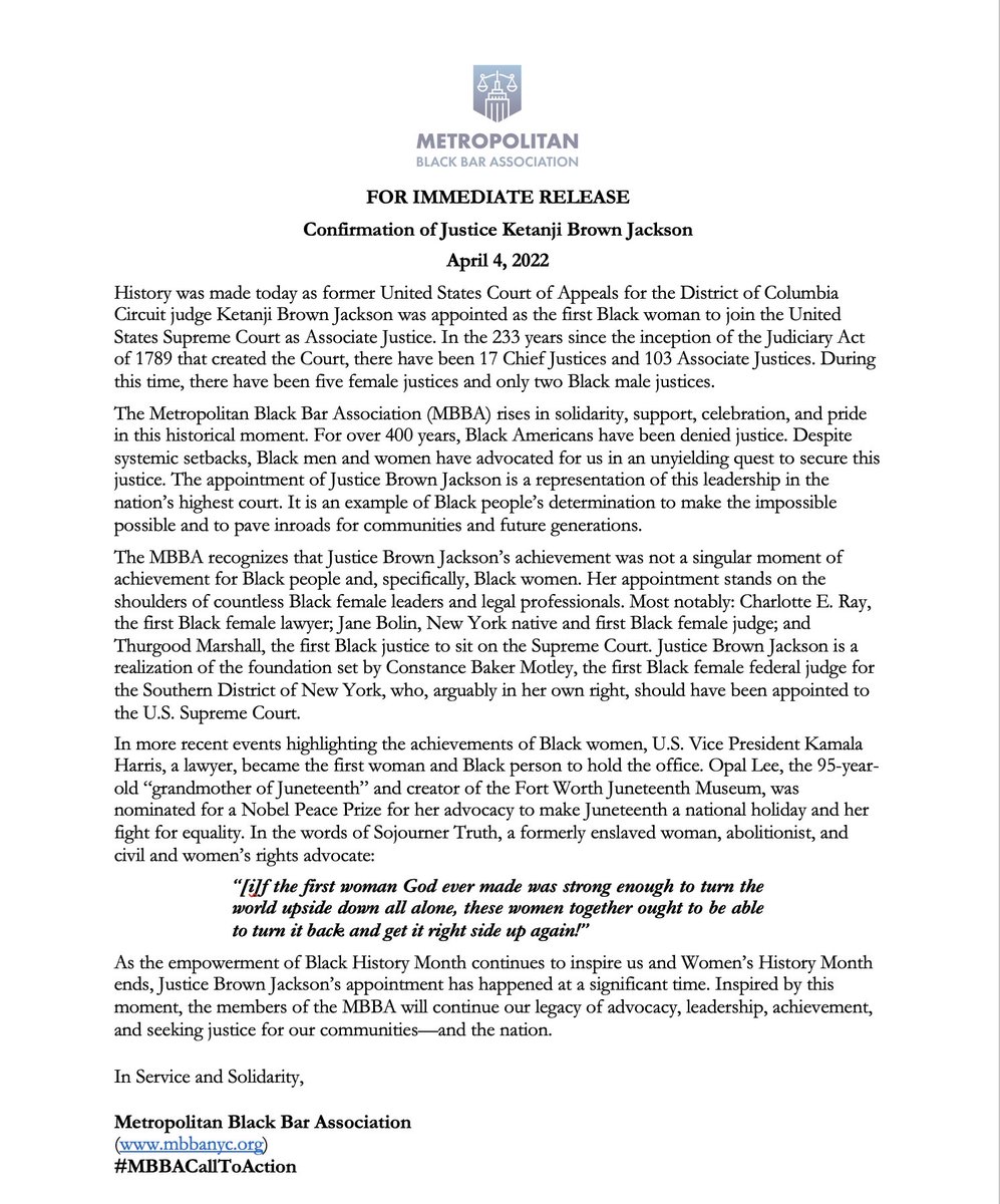 FOR IMMEDIATE RELEASE-#KetanjiBrownJackson appointed as the first Black woman to the #UnitedStates #SupremeCourt.

#MBBANYC rises in solidarity, support, celebration, and pride in this historical moment.
mbbanyc.org

#MBBACallToAction
#lawyers #BlackLawyerMatter #BLM