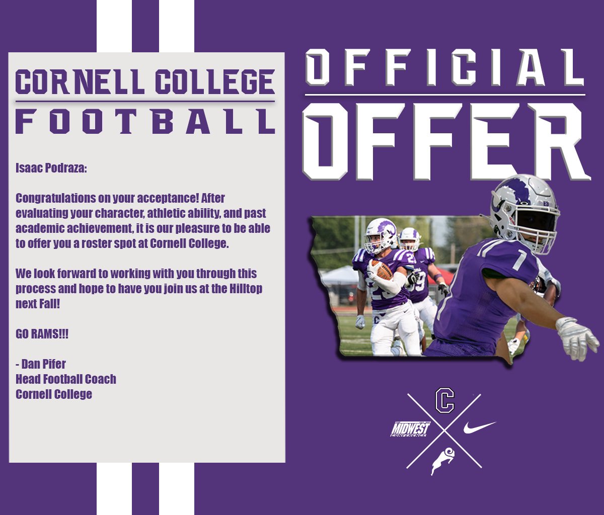 After a great talk with coach Juscik I am excited to have revived an offer from Cornell College! <a href="/CornellRamsFB/">Cornell College Football</a> <a href="/thevillfootball/">The Vill Football</a> <a href="/Coach_Schill/">Coach Schilling</a> <a href="/DSnokhous/">David Snokhous</a> <a href="/CoachJuscik/">Michael Juscik</a>