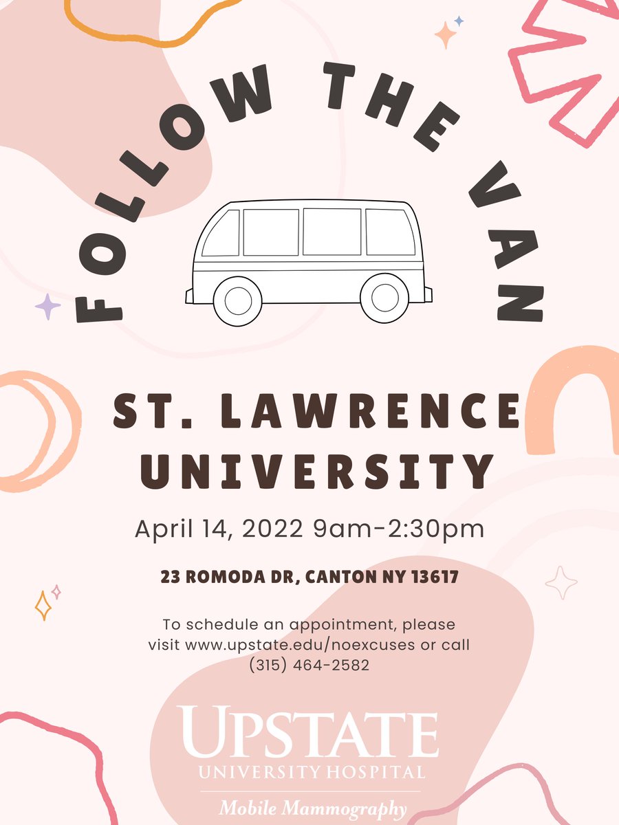UpstateMammoVan's tweet photo. See us back at @StLawrenceU in Canton next week!
Find more of our stops and sign up at https://t.co/Uhh6mumA1k.
#cantonny #nny #stlawrencecounty https://t.co/lskPorSZkZ