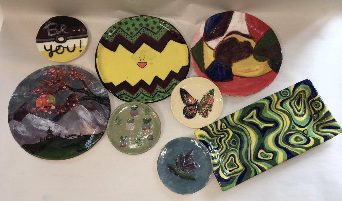 Got to open one of my favorite kilns of the year. Advanced art used under glazes to paint simple slumped forms. These plates and platters are functional as well as beautiful. #SFCSDPROUD #MAART