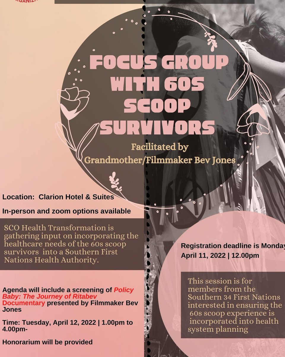 FNFAOMB's tweet photo. From @SCOIncMB 
Focus Group for 60s Scoop Survivors
#SCO's Health Transformation team is gathering input on incorporating the healthcare needs of 60s Scoop survivors into a Southern FN Health Authority &amp; would like to hear from you.
#60sscoop #FirstNations #HealthTransformation https://t.co/mkVM5BrjPz