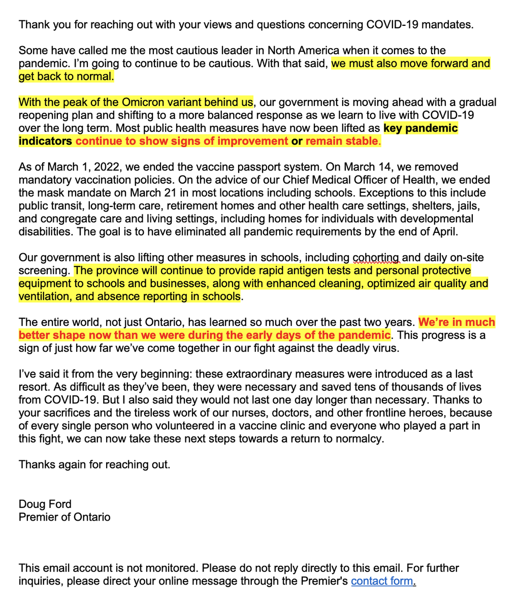 BooksByBroooke's tweet photo. When you email @fordnation about your #Covid19 concerns, this is the response you get. I've highlighted the most egregious parts. These are all lies. Doug Ford, stop risking our lives for your political gains. This is despicable. #Recklessleader #maskup #OntarioDoneWithFord https://t.co/WHTr8z48o5