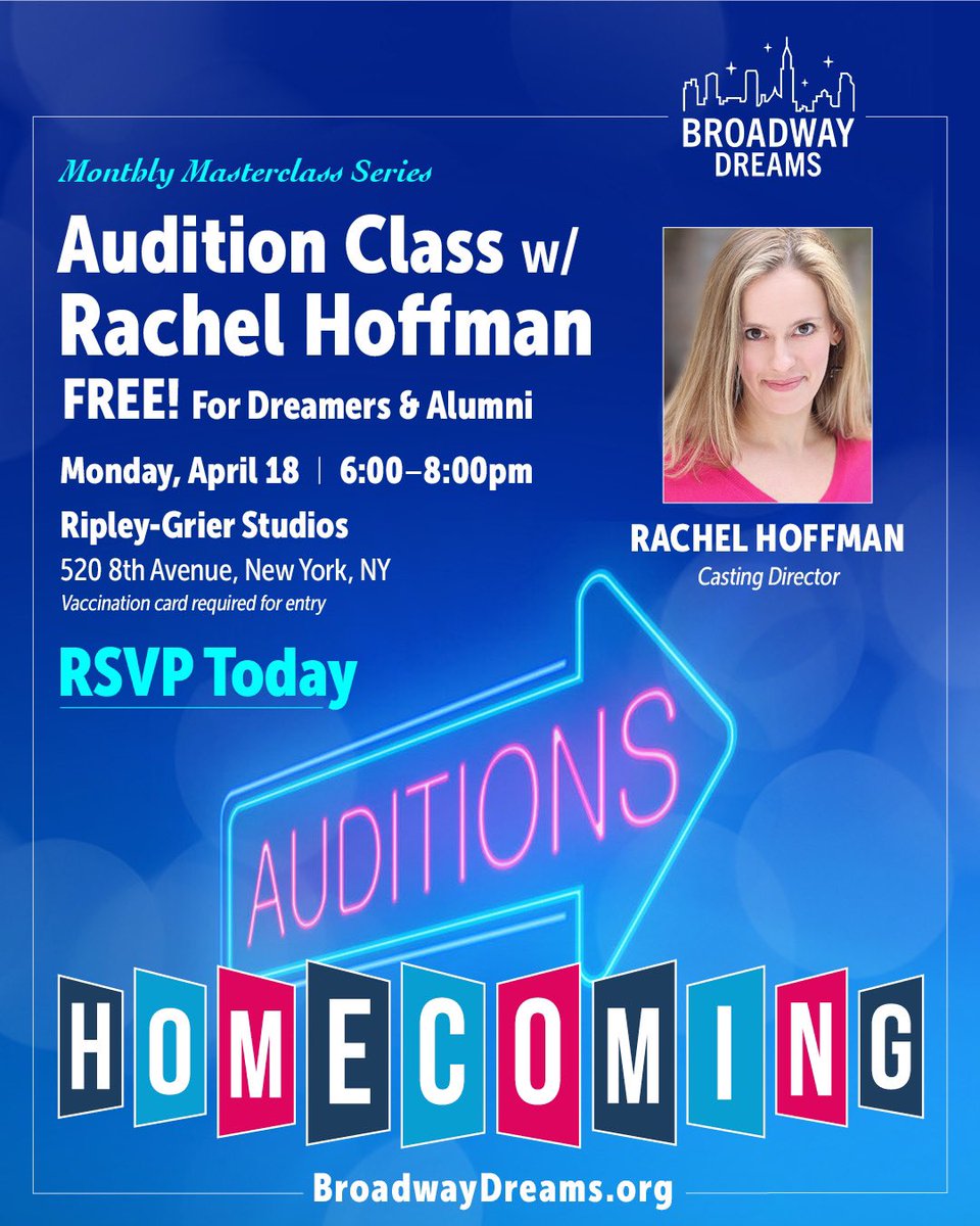 Our FREE for Alumni masterclass of April is an AUDITION class with none other than @SweetDeech !! Get in the room with a Broadway Casting Director! #masterclass #rachelhoffman #nyc
