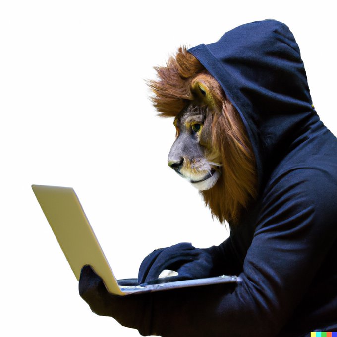 Image Generated by OpenAI DALL E-2: "A lion in a hoodie hacking on a laptop"