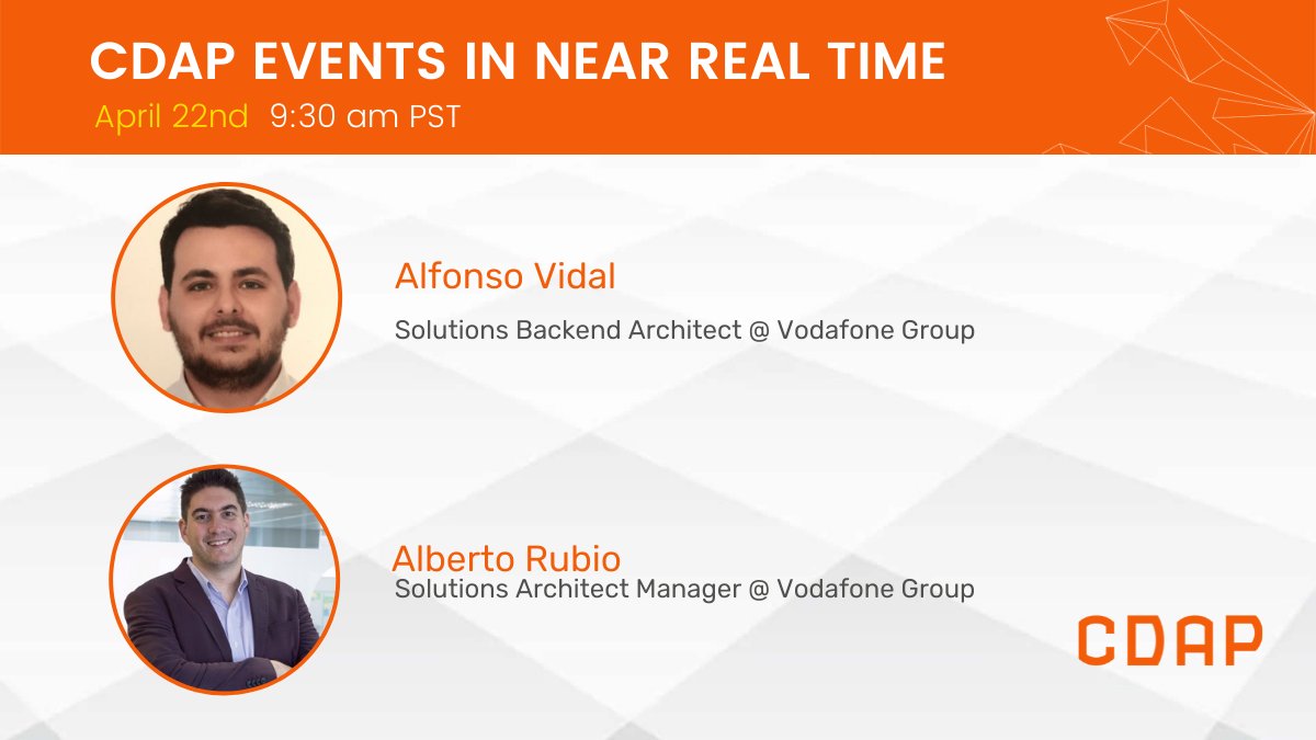 📢 Next week join us at the #CDAP community meetup! We will be hosting Alfonso Vidal &amp; Alberto Rubio, solutions architects at #Vodafone who will present CDAP Events in near real time💡Don't miss it! Save your spot now: bit.ly/3ucaVfo