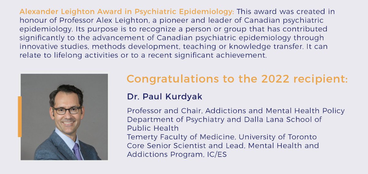 Congratulations to Dr. Paul Kurdyak (@KurdyakP) who is the 2022 recipient of the Alexander Leighton Award in Psychiatric Epidemiology! Join us at the #CAPE2022 scientific symposium on October 26 in Toronto for his keynote address.