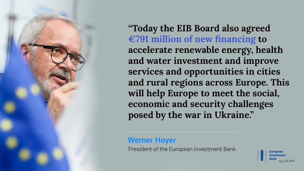 🆕EIB Board of Directors:
☑ welcomed the rapid disbursement of €668m #Ukraine Solidarity Urgent Response
☑backs €791m #RenewableEnergy, water, health, urban and rural investment
☑welcomes #InvestEU backing for EIB investment
➡bit.ly/37tZ4Ac