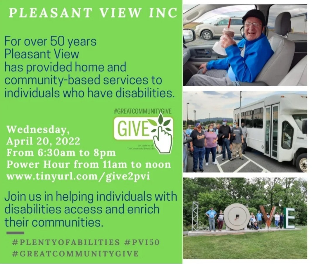 PleasantViewDD1's tweet photo. Help us raise $25,000 during the #greatcommunitygive by donating at https://t.co/mFvTVYSnxQ on April 20, 2022 between 6:30am to 8pm. You will help us replace a wheelchair accessible van and complete other accessibility projects in our residential and day support programs.

#GCG https://t.co/pewtqmPcDO