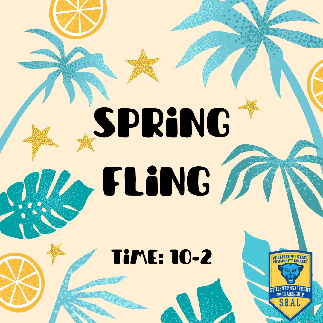 PSCC_SEAL's tweet photo. 🌺🌴SPRING FLING!!🌴🌺  (Dates listed below)👇

Starting at 10:00 A.M. - 2:00 P.M. on every campus.

Dates:

April 13th - Magnolia Campus
April 14th - Division St. 
April 20th - Strawberry Plains
April 21st - Blount County
April 26th - Hardin Valley https://t.co/66eTRJzZvm
