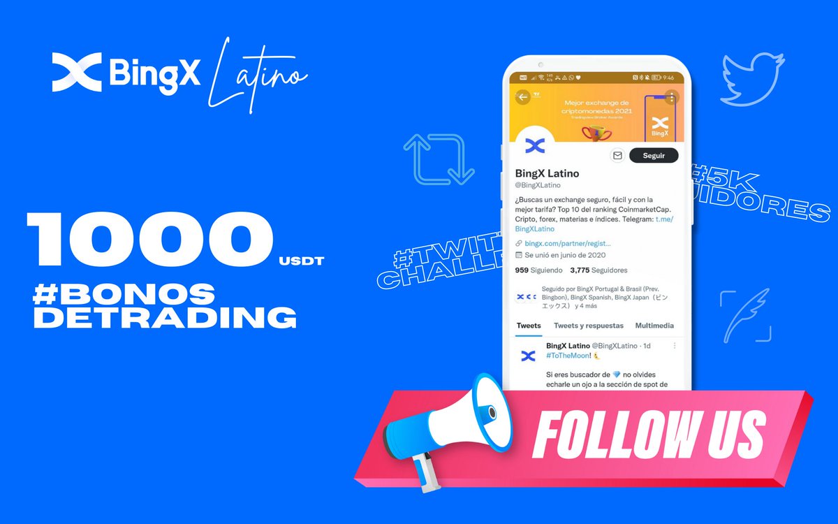 BingXLatino's tweet photo. ¡Únete al  #5KSeguidores #TwitterChallenge de @BingXLatino! 🥳🎉

Ayúdanos a llegar a 5 mil seguidores y participa en el sorteo de 1000 USDT en #BonosDeTrading 💵 https://t.co/1AlsMZe6T0