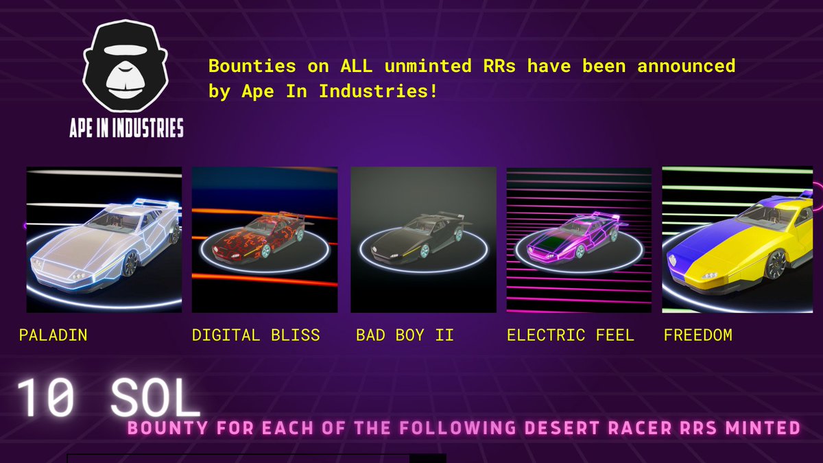 💎 Public Mint Live: mint.hyperspace.xyz/superracer

💰 Bounty for each of the following Desert Racer RRs minted: 10 SOL
 
Only valid for the RRs below. RRs not shown are not eligible

🏎️🎁 3 Super Racer cars raffle:
RT, LIKE, Follow &amp; Tag 2 friends to enter!

#NFTGame #SolanaNFTs #P2E