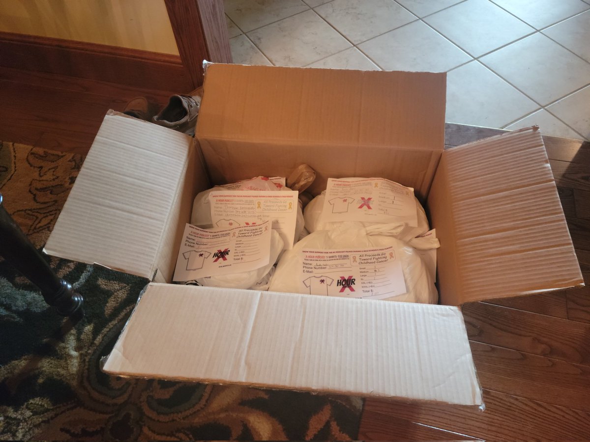 XHourPod's tweet photo. Almost ready to ship out! Because of YOUR support, we were able to put together a special gift bag for Jaymison Redman! See us during X-Hour tomorrow (Friday) to pick up your shirt! https://t.co/yCtZSknd4o