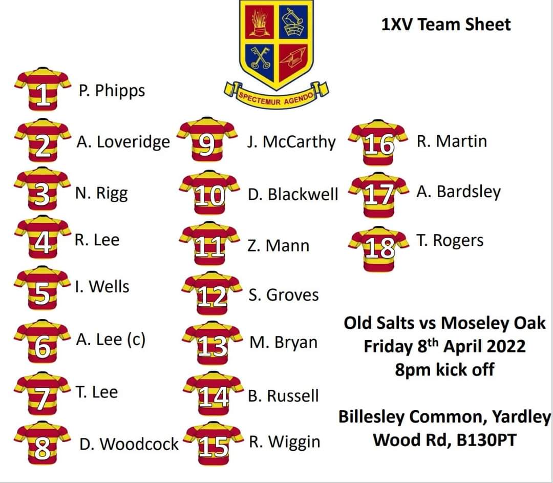 Old Saltleians RFC (@oldsaltsrfc) on Twitter photo Tomorrow's team sheet for our game against Moseley Oak RFC.
Kick off at 8pm 🏉 Tomorrow's team sheet for our game against Moseley Oak RFC.
Kick off at 8pm 🏉