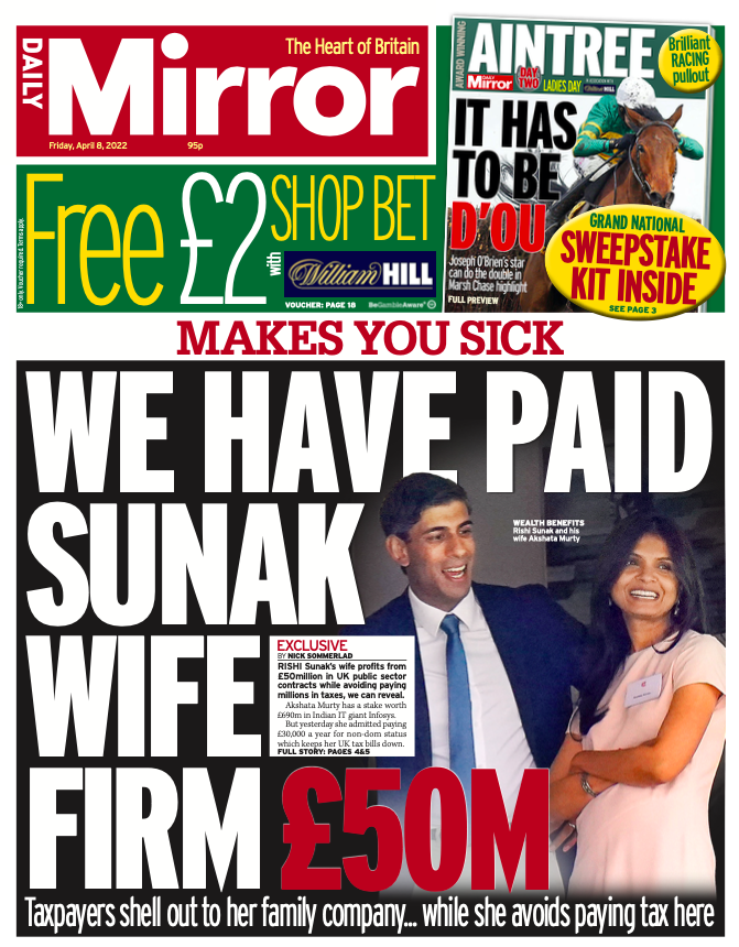 Friday's Mirror: “We have paid Sunak wife firm £50m”

 #BBCPapers #TomorrowsPapersToday bbc.in/BBCPapers