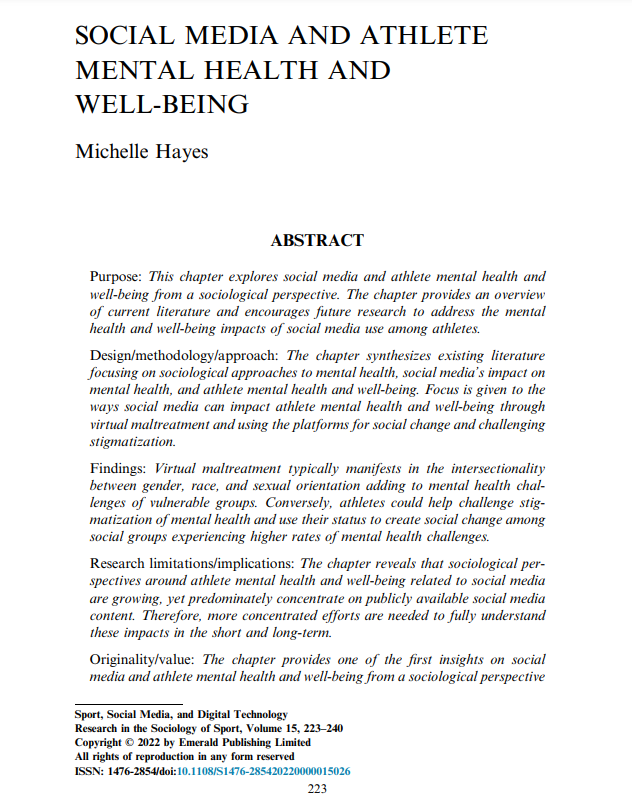 Dr. Michelle Hayes (@drm_hayes) on Twitter photo Congratulations to <a href="/Jimmy_Sanderson/">Jimmy Sanderson</a> on the new book 'Sport, Social Media, and Digital Technology'. Grateful for the opportunity to contribute a chapter on Athlete Mental Health and Well-being. Check out all the insightful chapters: emerald.com/insight/public… Congratulations to <a href="/Jimmy_Sanderson/">Jimmy Sanderson</a> on the new book 'Sport, Social Media, and Digital Technology'. Grateful for the opportunity to contribute a chapter on Athlete Mental Health and Well-being. Check out all the insightful chapters: emerald.com/insight/public…