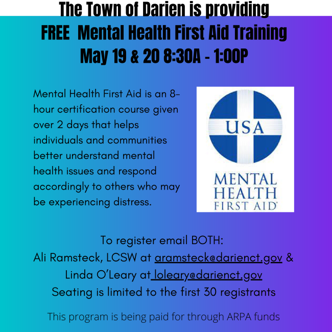 FREE Mental Health First Aid Training
May 19 &amp; 20
8:30-1pm
*Limited to first 30 registrants*