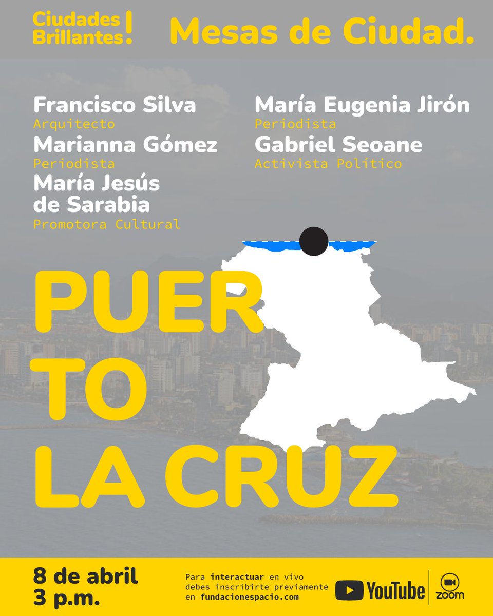 Mañana culmina #MesasDeCiudad una experiencia con especialistas para conocer más sobre tu ciudad seleccionada

Día 4
#MesaDeCiudad 8
#PuertoLaCruz
3:00 pm

Link de ingreso #Zoom
us02web.zoom.us/j/85754299798?…
Código acceso: CB_mesaC8

O síguenos en #YouTube youtube.com/c/FundacionEsp…