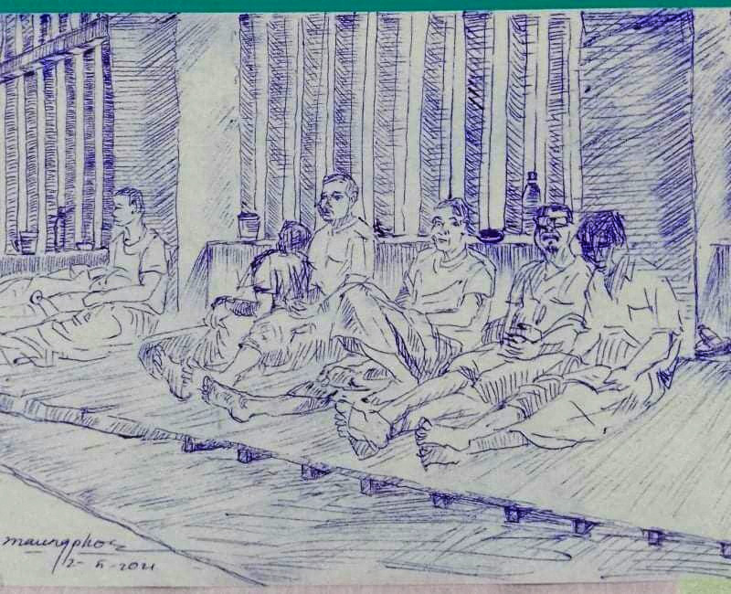 RadioFreeAsia's tweet photo. Sketches smuggled out of Myanmar’s notorious Insein Prison give a peak into the lives of those detained by the ruling military government. Drawings show endless rows of men hunched down and holding their knees in a room and others sleeping on the floor.

https://t.co/ZPFqgKqGZB https://t.co/8LOxmeD4Ak