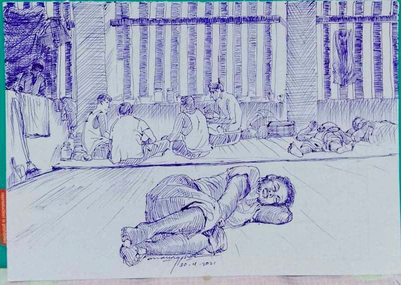 RadioFreeAsia's tweet photo. Sketches smuggled out of Myanmar’s notorious Insein Prison give a peak into the lives of those detained by the ruling military government. Drawings show endless rows of men hunched down and holding their knees in a room and others sleeping on the floor.

https://t.co/ZPFqgKqGZB https://t.co/8LOxmeD4Ak