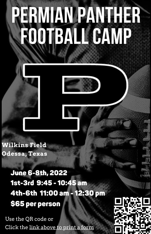 Come joins the Permian coaching staff for Panther camp! We look forward to seeing all the future Panthers. Go Mojo !!!  Use the link below or the QR acrobat.adobe.com/link/review?ur….