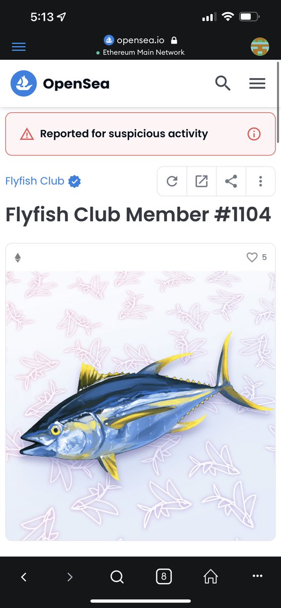 PhillyBasile's tweet photo. On top of it I purchased a Flyfish Club yesterday and there was no suspicious activity (4/6/2022). However, today (4/7/2022) I open my opensea account and my NFT is flagged for suspicious activity? @opensea see below for before and after images. This platform has a lot of work. https://t.co/79VygjtgHE