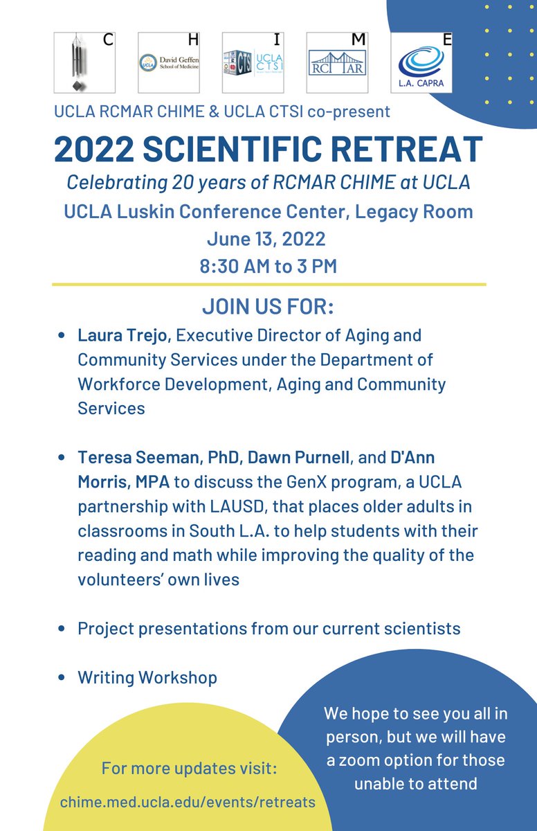 UCLA RCMAR CHIME (@uclarcmarchime) on Twitter photo Join us on June 13, at the UCLA Luskin Conference Center, for the RCMAR CHIME -CTSI Scientific Retreat, featuring a group of very special speakers as we celebrate 20 years of our program.
 
Review the agenda and register at chime.med.ucla.edu/events/retreat…! Join us on June 13, at the UCLA Luskin Conference Center, for the RCMAR CHIME -CTSI Scientific Retreat, featuring a group of very special speakers as we celebrate 20 years of our program.
 
Review the agenda and register at chime.med.ucla.edu/events/retreat…!