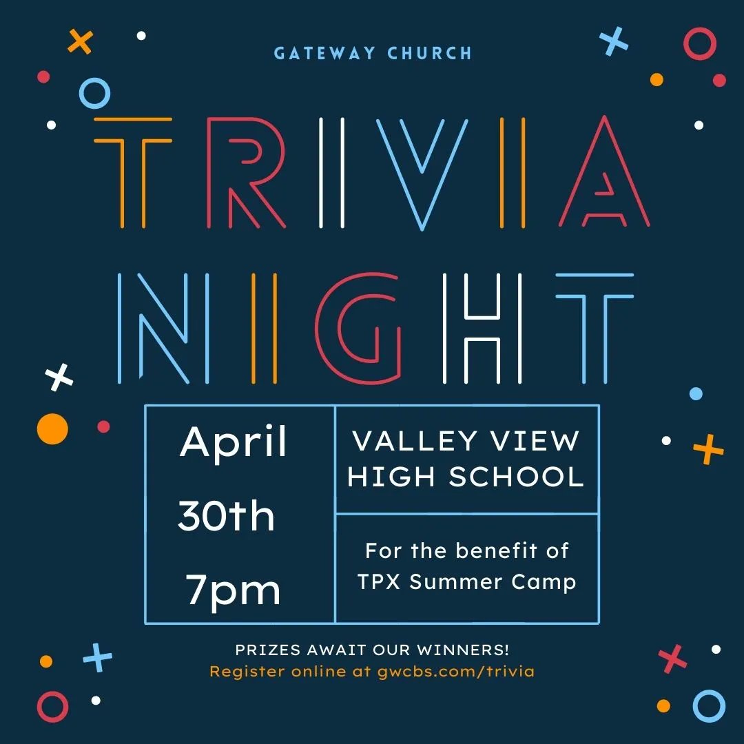 Gatewaycbs's tweet photo. Help support our student ministry and have some fun at the same time! Join us for a trivia night on April 30th! Get signed up today! https://t.co/nkbGdU3KA5 https://t.co/vDVtWFf2fE