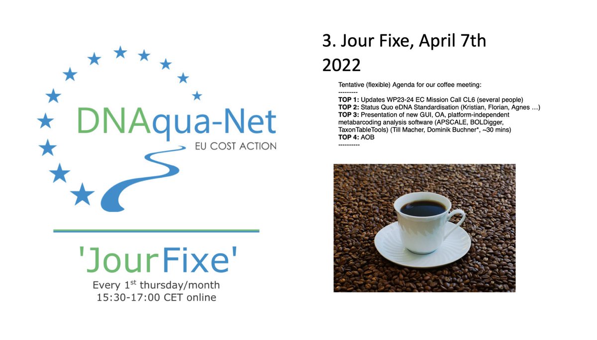 DNAquaNet's tweet photo. Good #DNAquaNet #JourFixe today ☕️ Screening proposal options & learning from @buchner_dominik & @TillMacher about #APSCALE #BOLDigger & #TaxonTableTools #metabarcoding #opensource #pipeline Happy to learn about further software from other groups next time as well‼️ https://t.co/XaH4H3NYcj