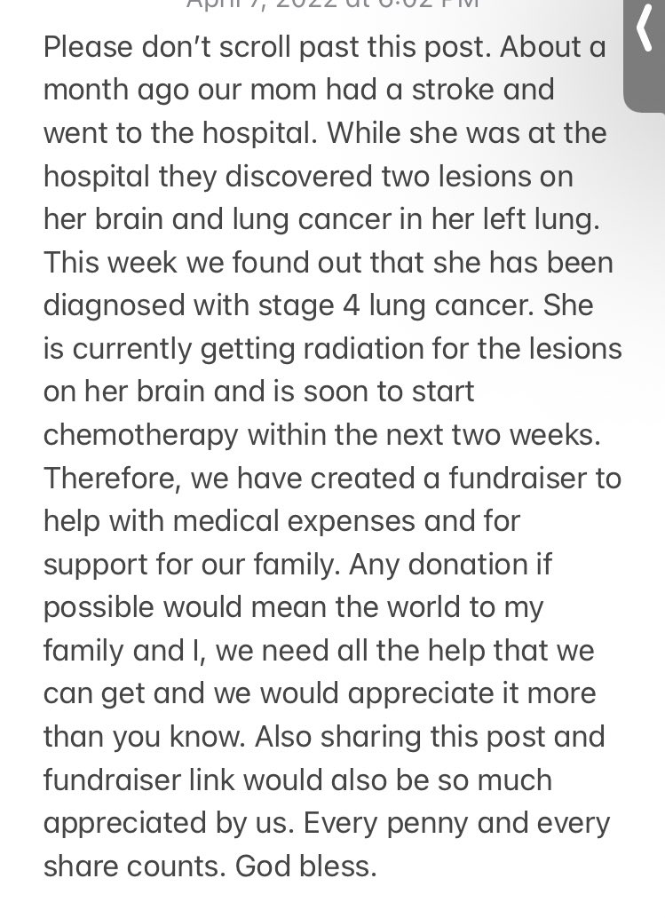 WhismanTrevor's tweet photo. https://t.co/g2EpTWAr8w  
Every share and every penny counts. Our mom has been diagnosed with stage 4 lung cancer. There are more details on the page and in the photo. Please keep our mom in your prayers. God bless. https://t.co/p85vOLTyMd