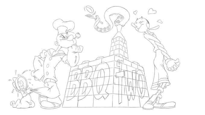 I'm quite behind on the game, but already working on my part for @DirkErik_Schulz's Popeye #BBQfor2reanimated. Although I won't animate any scene, I'll work on the title screen.
Here's the 1st sketch sample. I'll add more features asap! 