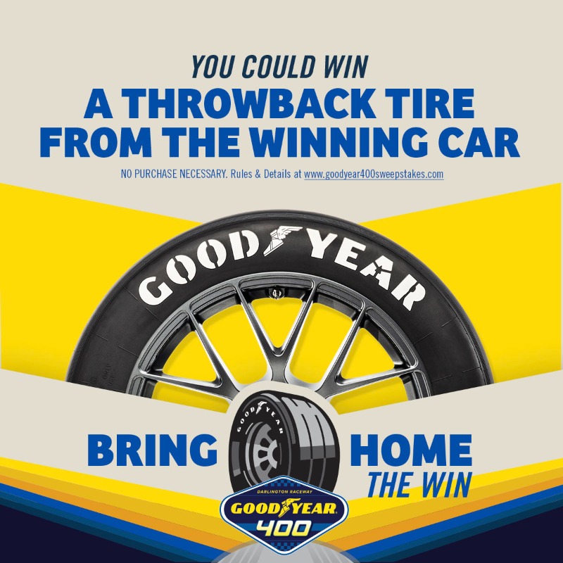 goodyear's tweet photo. What could make the #Goodyear400 throwback race at Darlington even more exciting? Getting your hands on a throwback tire from the winner’s car! Enter now for your chance to win.