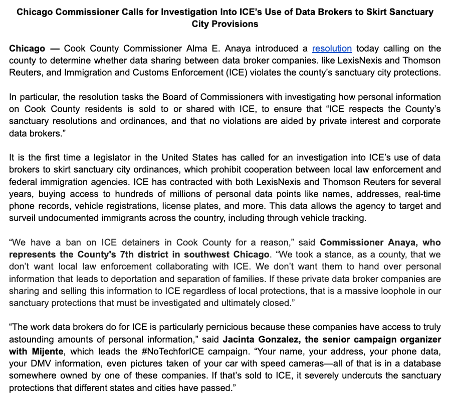 ConMijente's tweet photo. BREAKING: Chicago's Cook County just advanced a resolution to investigate ICE's use of data brokers (like LexisNexis &amp; Thomson Reuters) to skirt sanctuary city laws.

Data brokers amass billions of data points, packaging &amp; selling this data to ICE.
https://t.co/PGgSIYMWP0 https://t.co/IUp5YXuHMc