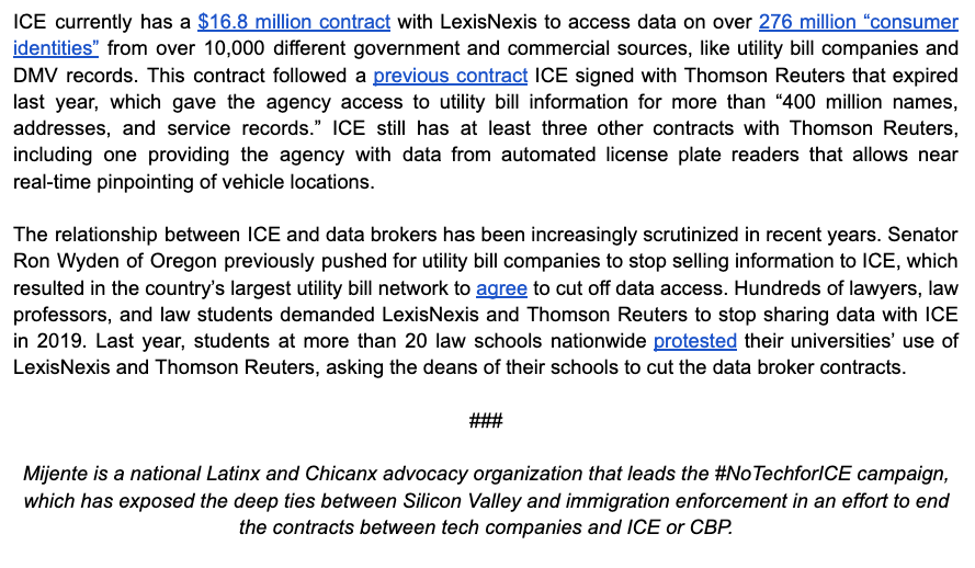 ConMijente's tweet photo. BREAKING: Chicago's Cook County just advanced a resolution to investigate ICE's use of data brokers (like LexisNexis &amp; Thomson Reuters) to skirt sanctuary city laws.

Data brokers amass billions of data points, packaging &amp; selling this data to ICE.
https://t.co/PGgSIYMWP0 https://t.co/IUp5YXuHMc