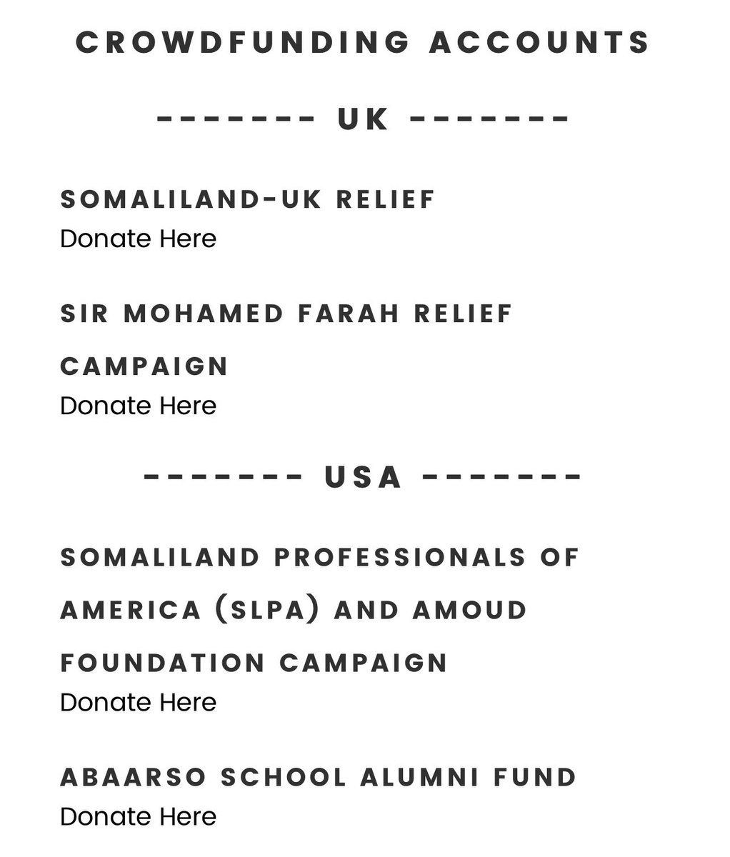 HargeisaRelief's tweet photo. A list of all the confirmed official crowdfunding campaigns are now listed on the site with direct links to their respective pages. To find out more, visit https://t.co/z7mOevzHZp https://t.co/r1KpjmYkdm