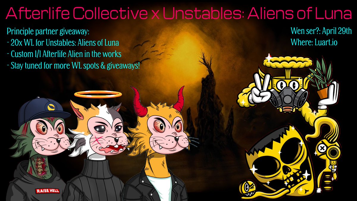 AfterlifeHCs's tweet photo. 🧨 Let’s give a shout to this partnership made in outer space! Been busy building our rocket ship, time to launch🚀

⚡️To celebrate let’s start with raffling 5 WL to the upcoming #NFT mint on @luart_io! 

*Like/Retweet
*@2 #LUNAtics
*Follow @UnstablesTerra &amp; @AfterlifeHCs 
~>24hr https://t.co/WwC5T1R10b