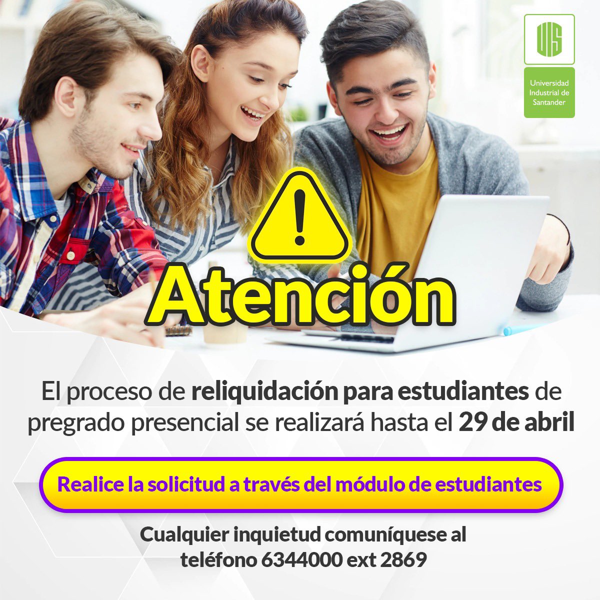 Se informa a los estudiantes de pregrado presencial, que el proceso de reliquidación de matrícula se realizará hasta el 29 de abril. Realice la solicitud a través del módulo de estudiantes, siguiendo la ruta: servicios financieros>solicitud de reliquidación.

📞6344000 ext 2869