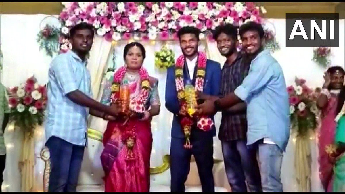 Tamil Nadu | A newly married couple was gifted bottles of petrol and diesel by their friends in Cheyyur village of Chengalpattu district.

The prices of petrol and diesel are Rs 110.85 and Rs 100.94 per litre in the state.