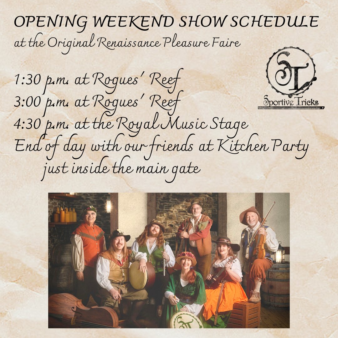 SportiveTricks's tweet photo. Join us at @socal_ren_faire in 2 days for opening weekend! Our show schedule:
1:30pm @ Rogues' Reef (18+)
3:00pm @ Rogues' Reef (18+)
4:30pm @ the Royal Music Stage
End of day with our friends just inside the main gate

#socalrenfaire #rpf2022 #wherefantasyrules #renfaire #faire https://t.co/mhRpBZ5Mo3