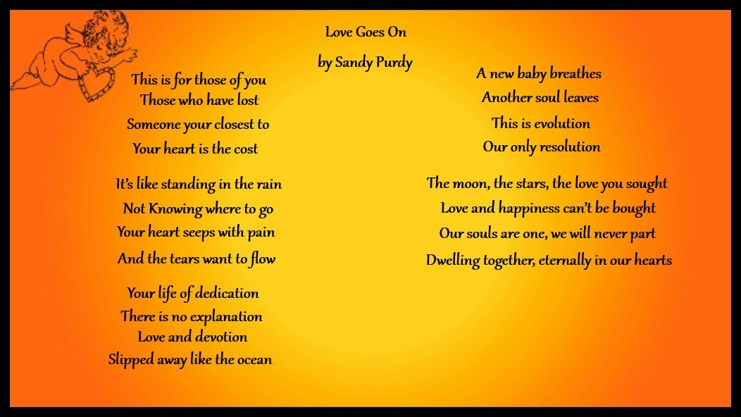 poetSandyPurdy's tweet photo. #EndOfLife #LosingALovedOne
Even in Death "Love Goes On"©
#PoetryLovers #poem
I wrote this poem after losing my Mom&Dad 😢 https://t.co/ROZpfUl4mw
