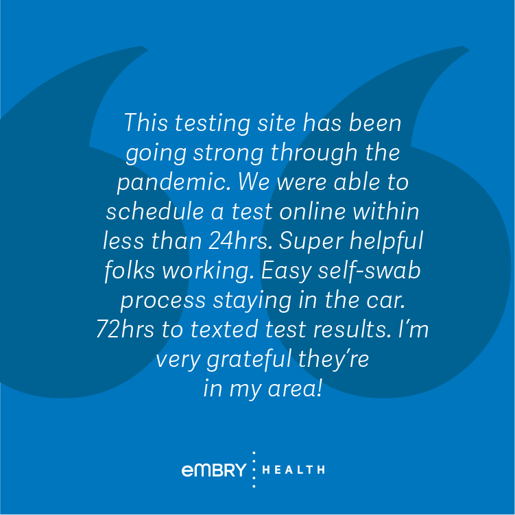 EmbryHealth's tweet photo. We love reading reviews like this! Our drive-thru, self-swabbing process has made COVID testing fast, convenient and accessible. Thank you for your kind words! #embryhealth #5starreviews #covidtesting https://t.co/E6gj4FJ751