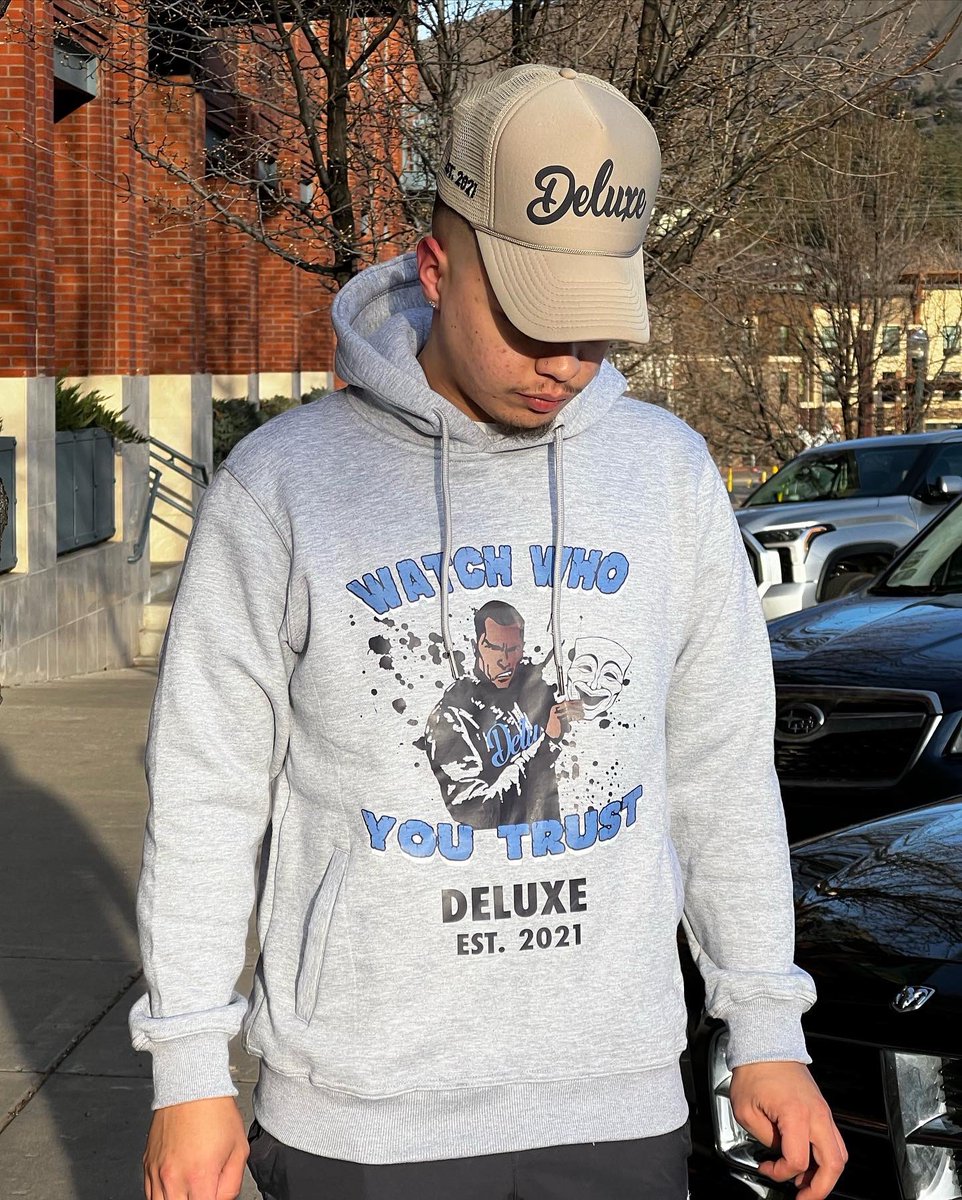 NateHague's tweet photo. These days you got to watch who you trust 🎭 Deluxe “Watch Who You Trust” hoodies are now available online 🏆 These will NEVER restock

Link in bio to shop 🔥

#DeluxeEst2021 #LiveADeluxeLife #WatchWhoYouTrustHoodie https://t.co/MuhN7LVklU