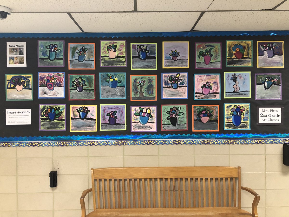 Second grade artists painted flower bouquets in an Impressionist style inspired by artist, Berthe Morisot. Students used the dry brush technique to apply the brush strokes and layers of colors within their painted background to give the illusion of movement.
