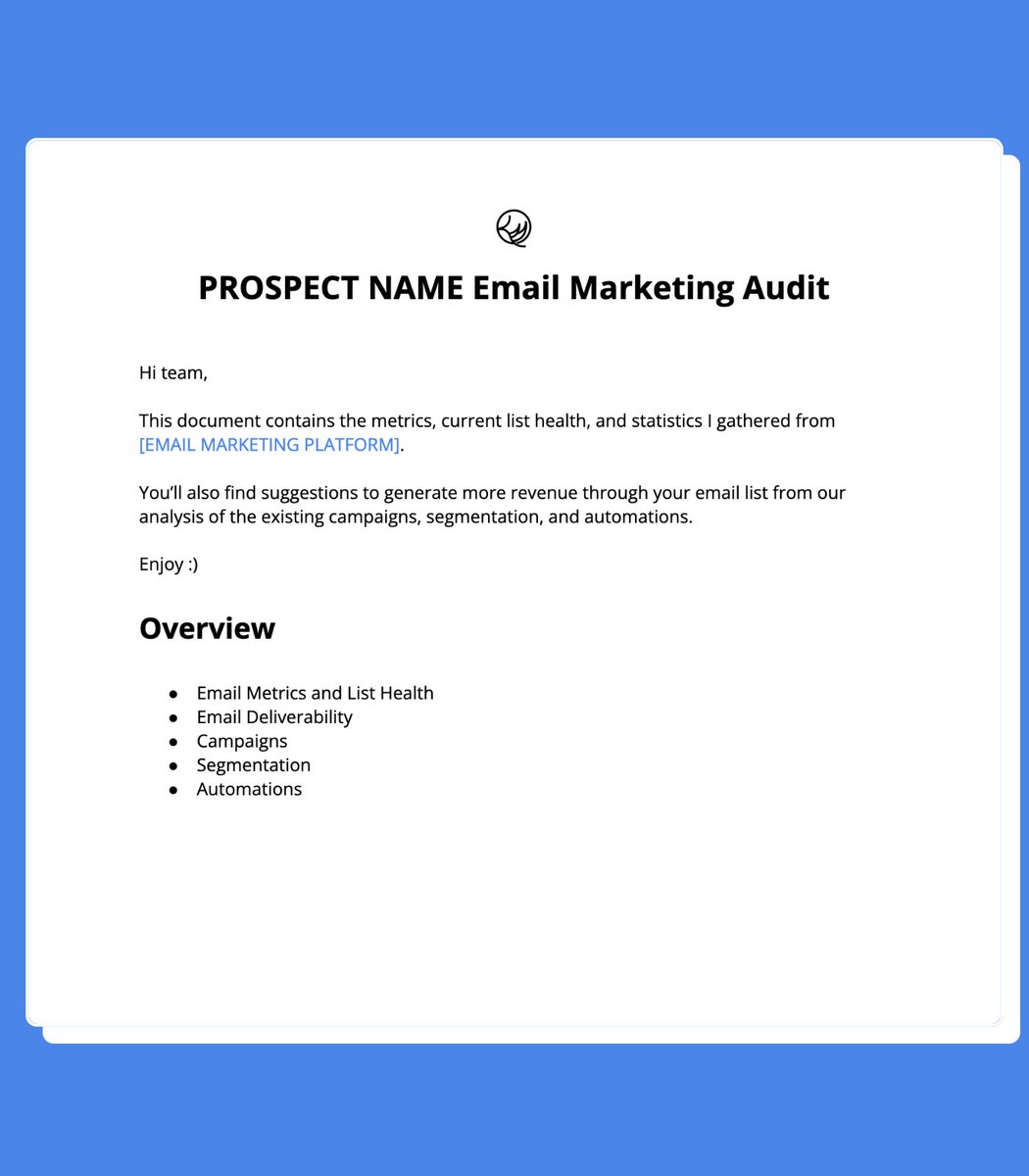 Who wants a copy of an email marketing audit I use to EASILY close $3k+ deals?

You get a template with:

+ KPIs &amp; list health
+ deliverability
+ campaigns 
+ segmentation 
+ automations

100% free.

Just retweet + comment “YES” below 👇

(Must be following so I can DM you)