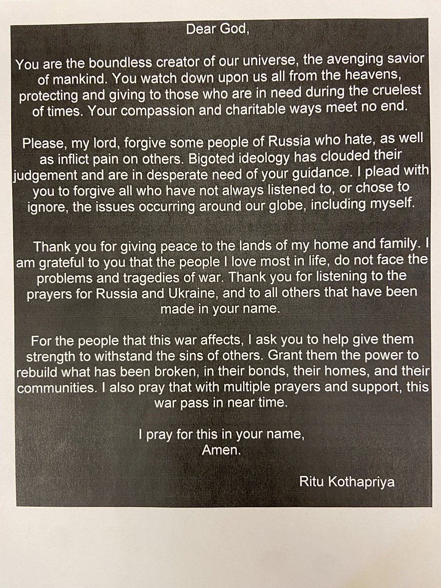 I wanted to share this beautiful prayer written by one of my grade 9 students… her heartfelt words hit deep in my soul. Stay strong! 🇺🇦 <a href="/assumptionlion/">Assumption CS</a>