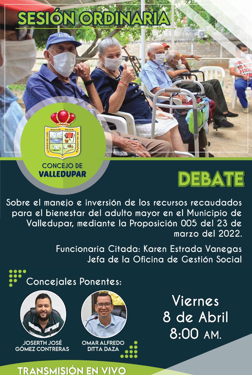 OmarDittaDz's tweet photo. Mañana a las 8am en el @ConcejoVpar se llevará a cabo debate de control político sobre el manejo e inversión de los recursos para el bienestar del adulto mayor, que propuse con el H. Concejal Joserth Gómez, con el fin de conocer en detalle la atención integral a esta población. https://t.co/xttIYWr9kM