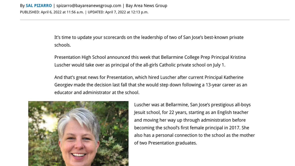 presentationhs (@presentationhs) on Twitter photo Thanks to <a href="/spizarro/">Sal Pizarro</a> <a href="/mercnews/">Mercury News</a> for this story about Principal Kristina Luscher joining us at Pres! 🐾 mercurynews.com/2022/04/06/pri… Thanks to <a href="/spizarro/">Sal Pizarro</a> <a href="/mercnews/">Mercury News</a> for this story about Principal Kristina Luscher joining us at Pres! 🐾 mercurynews.com/2022/04/06/pri…