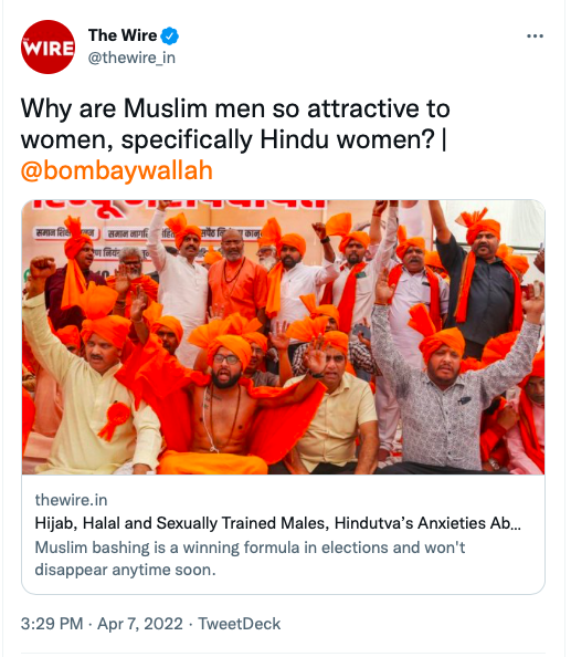 HinduHate's tweet photo. The Wire's Siddarth Bhatia writes.
Question: "Why are Muslim men so attractive to .....Hindu women?"
Reason: "Halal cut mutton which has been around forever."
This media outlet is the darling of ultra left-Islamists.
@Rajeev_GoI @AshwiniVaishnaw
#Hinduphobia
#BanTheWire https://t.co/48x5xHjRLV